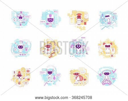 Good And Bad Bots Thin Line Concept Vector Illustrations Set. Internet Robots 2d Cartoon Characters 