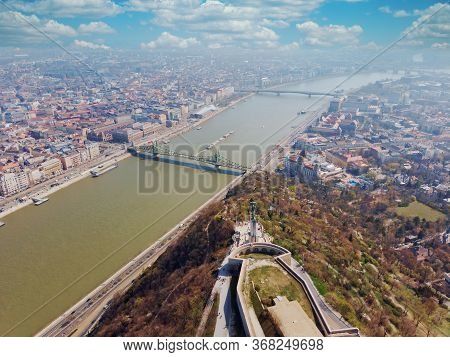 A Beautiful View From The Top Of The Day At The Citadel On Gellert Mountain. Top View Of Budapest An