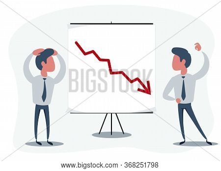Shocked Man In A Suit Watch On The Board With A Declining Arrow. Falling Indicator Of Economic Prosp