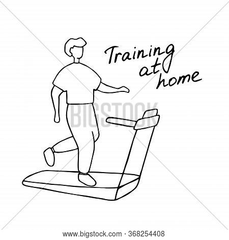 Young Man Running On Treadmill. Sport Training At Home. Doodle Vector Graphic.