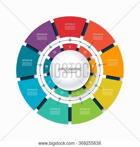 Infographic Circular Chart Divided Into 9 Parts. Step-by Step Cycle Diagram With Nine Options.