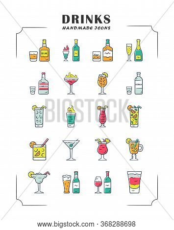 Drinks Color Icons Set. Alcohol Menu Card. Beverages For Cocktails. Whiskey, Rum, Wine, Martini, Mar