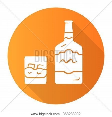 Whiskey Orange Flat Design Long Shadow Glyph Icon. Bottle And Old Fashioned Glass With Drink, Ice. S