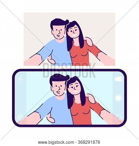 Selfie Flat Vector Illustration. Couple In Love Taking Photo. Smiling Man And Woman Hugging For Roma
