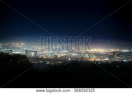 Looking From The West Over Sheffield's Skyline At Night, Featuring The Royal Hallamshire Hospital