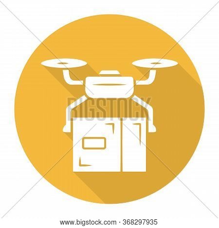 Delivery Drone Yellow Flat Long Shadow Glyph Icon. Quadcopter Transporting Parcel. Uav With Cardboar