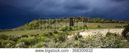 Last Minutes Before The Rain. Header For Webseite, Banner, Horizontal Poster. Dark Blue Thuderstorm 