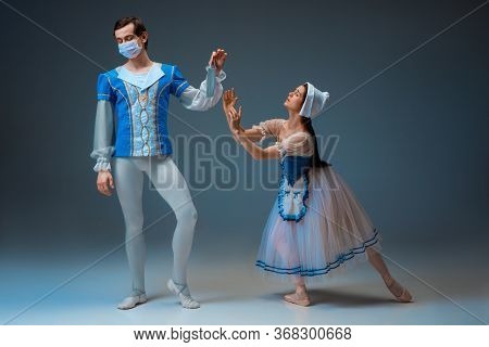 Modern Cinderella Not Trying The Slipper On, But Protective Face Mask. Young And Graceful Ballet Dan