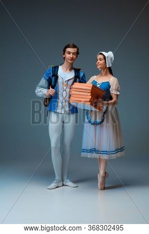 Modern Cinderella And Prince Hurrying Up, Deliverying Pizza. Young And Graceful Ballet Dancers Durin