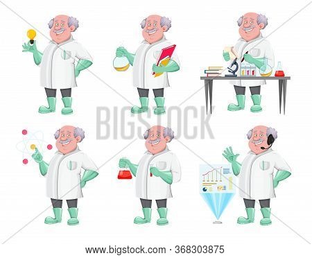 Professor Cartoon Character, Set Of Six Poses. Usable Also As Scientist, Chemist, Laboratory Assista