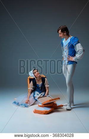 Modern Cinderella And Prince Hurrying Up, Deliverying Pizza. Young And Graceful Ballet Dancers Durin