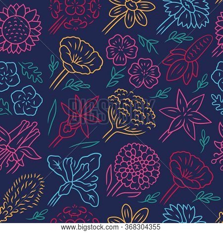 Flowers Vector Seamless Pattern. Lily And Sunflower. Floral Background. Blue Texture With Hand Drawn