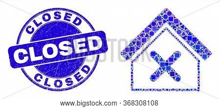 Geometric Closed House Mosaic Pictogram And Closed Seal Stamp. Blue Vector Round Grunge Seal With Cl