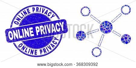 Geometric Connections Mosaic Icon And Online Privacy Seal Stamp. Blue Vector Round Distress Seal Sta