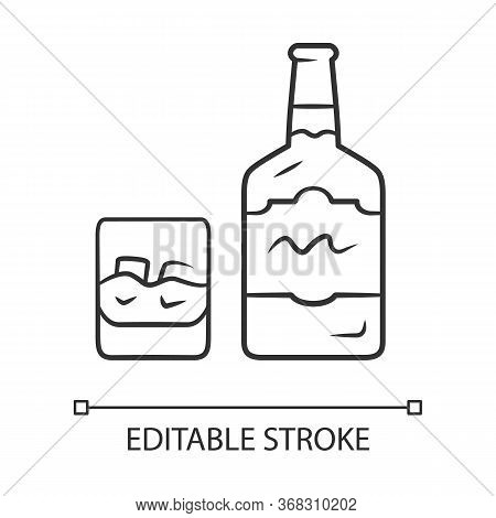 Whiskey Linear Icon. Bottle And Old Fashioned Glass With Drink. Scotch, Rum Shot. Alcoholic Beverage