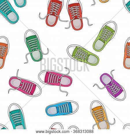 Seamless Pattern With Colorful Sneakers, Trendy Sports Background, Foot Wear. Top View. Vector Illus