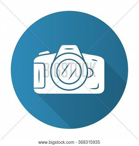 Photo Camera Blue Flat Design Long Shadow Glyph Icon. Professional Photocamera. Making Snapshots, Ta