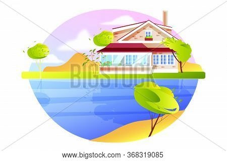 Lake House Stock Concept With Vintage Cottage In Village, Trees, Water, Clouds. Landscape With Build