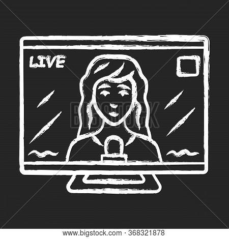 Reporter Woman On Tv Chalk Icon. Female Journalist, Interviewer Reporting Breaking News Live. Newsca