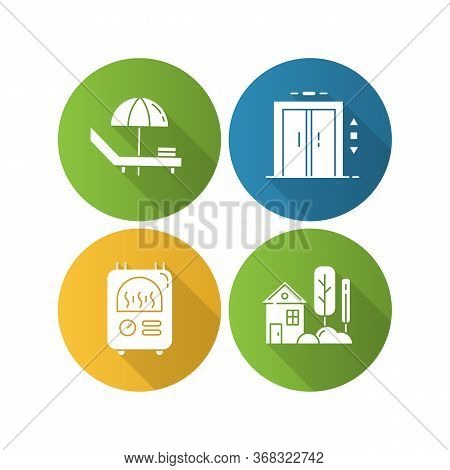 Apartment Amenities Flat Design Long Shadow Glyph Icons Set. Chaise Longue, Elevator Lift, Central H