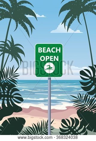Summer Beach Banner Open. Seascape Ocean Shore Tropical Flora Palms. Opening Season Vacation. Vector