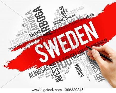 List Of Cities And Towns In Sweden, Word Cloud Collage, Business And Travel Concept Background