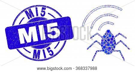 Geometric Radio Bug Mosaic Icon And Mi5 Seal Stamp. Blue Vector Rounded Grunge Seal Stamp With Mi5 P