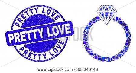 Geometric Jewelry Ring Mosaic Pictogram And Pretty Love Seal Stamp. Blue Vector Round Textured Seal 