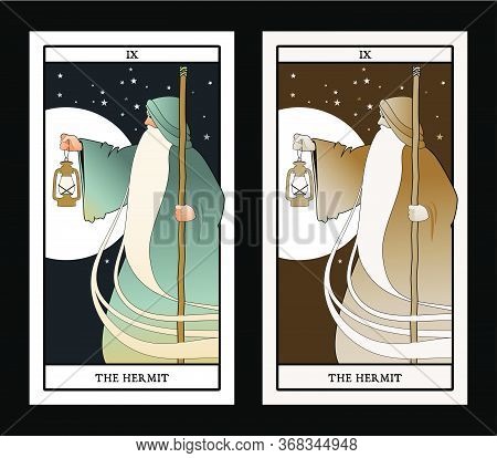 Major Arcana Tarot Cards. The Hermit. Old Man With A Long Beard, Wearing A Long Hooded Robe, Leaning