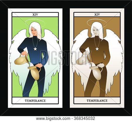 Major Arcana Tarot Cards. Temperance. Angel With Appearance And Clothes Of Young Man, Great Wings, H