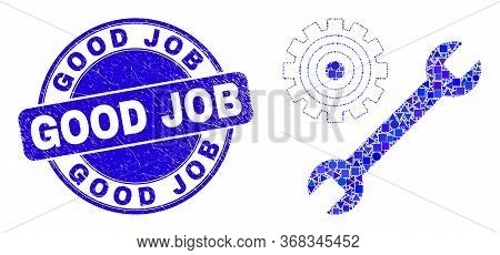 Geometric Repair Tools Mosaic Icon And Good Job Seal Stamp. Blue Vector Round Scratched Seal Stamp W