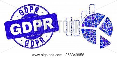 Geometric Statistics Charts Mosaic Pictogram And Gdpr Seal. Blue Vector Round Grunge Seal Stamp With