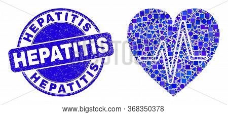 Geometric Heart Pulse Mosaic Pictogram And Hepatitis Seal Stamp. Blue Vector Round Textured Seal Sta