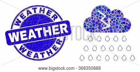 Geometric Storm Cloud Mosaic Icon And Weather Seal. Blue Vector Rounded Textured Seal With Weather T
