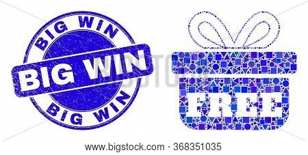 Geometric Free Gift Mosaic Pictogram And Big Win Seal Stamp. Blue Vector Rounded Textured Seal With 