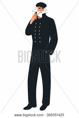 Old Salt. Man Wearing Cap And Navy Clothes, Smoking A Pipe, Isolated On White Background
