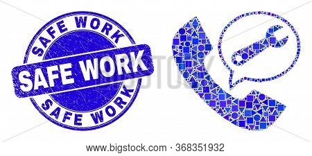Geometric Service Phone Call Mosaic Icon And Safe Work Seal Stamp. Blue Vector Round Distress Seal S