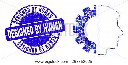 Geometric Head Gear Mosaic Pictogram And Designed By Human Seal. Blue Vector Rounded Grunge Seal Sta