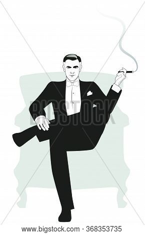 Elegant Gentleman Dressed In A Tailcoat, Sitting On An Armchair And Smoking A Cigar, Isolated On Whi