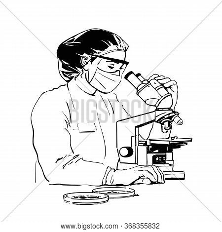 Woman Scientist In Potective Glasses And Medical Mask Looking Through Microscope. Sketch Style Vecto