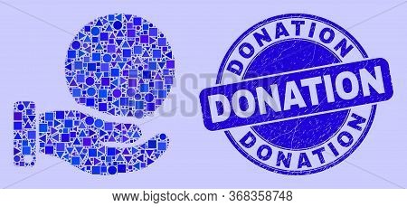 Geometric Coin Donation Hand Mosaic Icon And Donation Seal Stamp. Blue Vector Round Distress Seal St