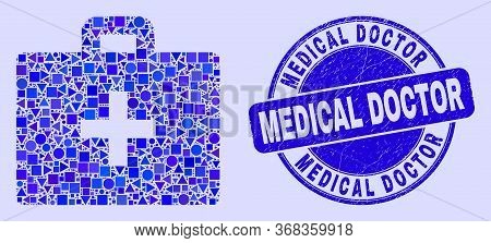 Geometric Medical Case Mosaic Pictogram And Medical Doctor Seal Stamp. Blue Vector Round Grunge Seal
