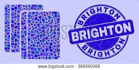 Geometric Books Mosaic Icon And Brighton Seal. Blue Vector Round Textured Seal With Brighton Text. A