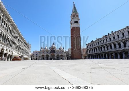 Empty Main Square In Venice In Italy During Lockdown By Corona Virus Without People And The Basilica