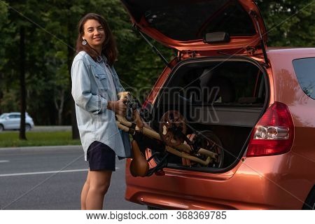 A Young Woman In Casual Clothes Takes A Folding Bike Out Of The Trunk Of A Car. Lays In The Trunk Of
