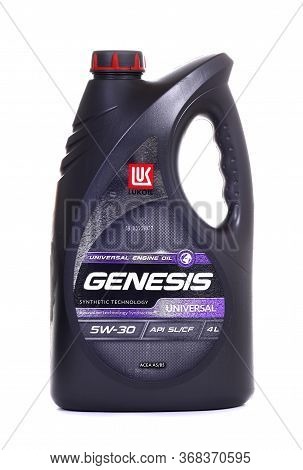 Novyy Urengoy, Russia - May 22, 2020: Plastic Canister Of The Motor Oil Lukoil Genesis 5w-30 Isolate