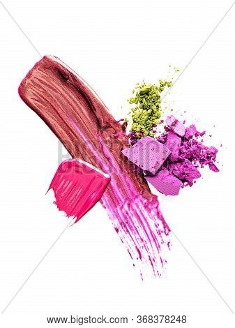 Still Life Of Makeup Products Isolated On A White Background. Abstract Composition Of Smudged And Sc