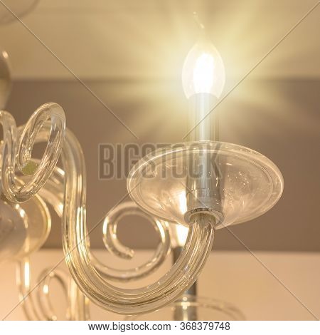 Close Up On Crystal Of Classic Decor Chandelier, Is A Branched Ornamental Light Fixture Designed To 