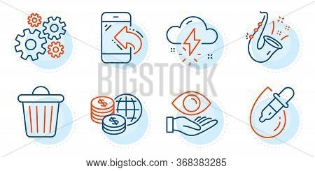 Incoming Call, World Money And Jazz Signs. Thunderstorm Weather, Trash Bin And Eye Drops Line Icons 