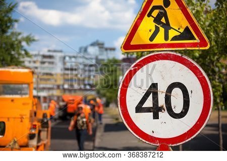 Road Work (roadwork) And Speed Limit (40 Kilometers Per Hour) Traffic Signs. Road Construction.